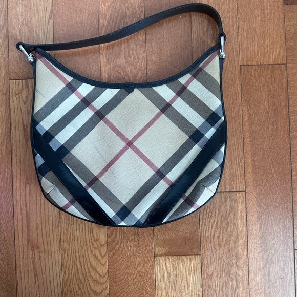 BURBERRY Large Larkin Hobo Handbag Tan SuperNova Check Black Patent - Picture 7 of 9